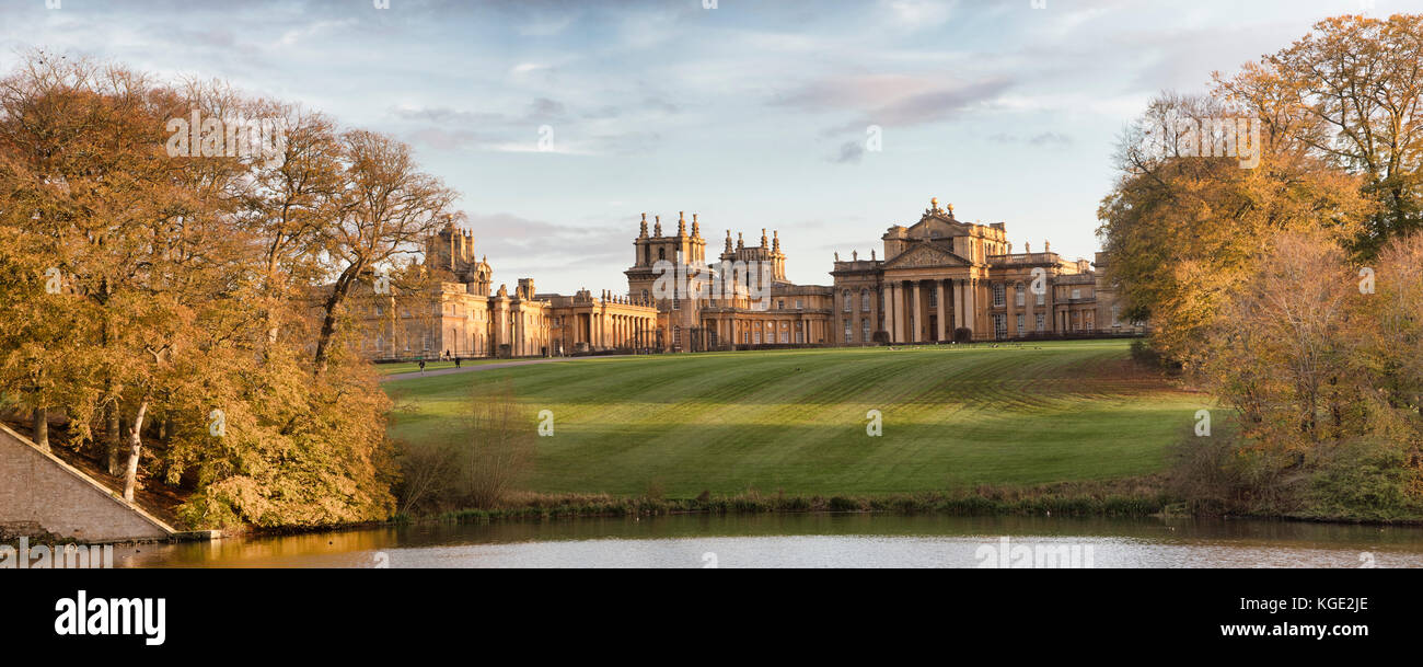 Blenheim Palace in the autumn at sunset. Blenheim Palace, Oxfordshire, England. Panoramic Stock Photo