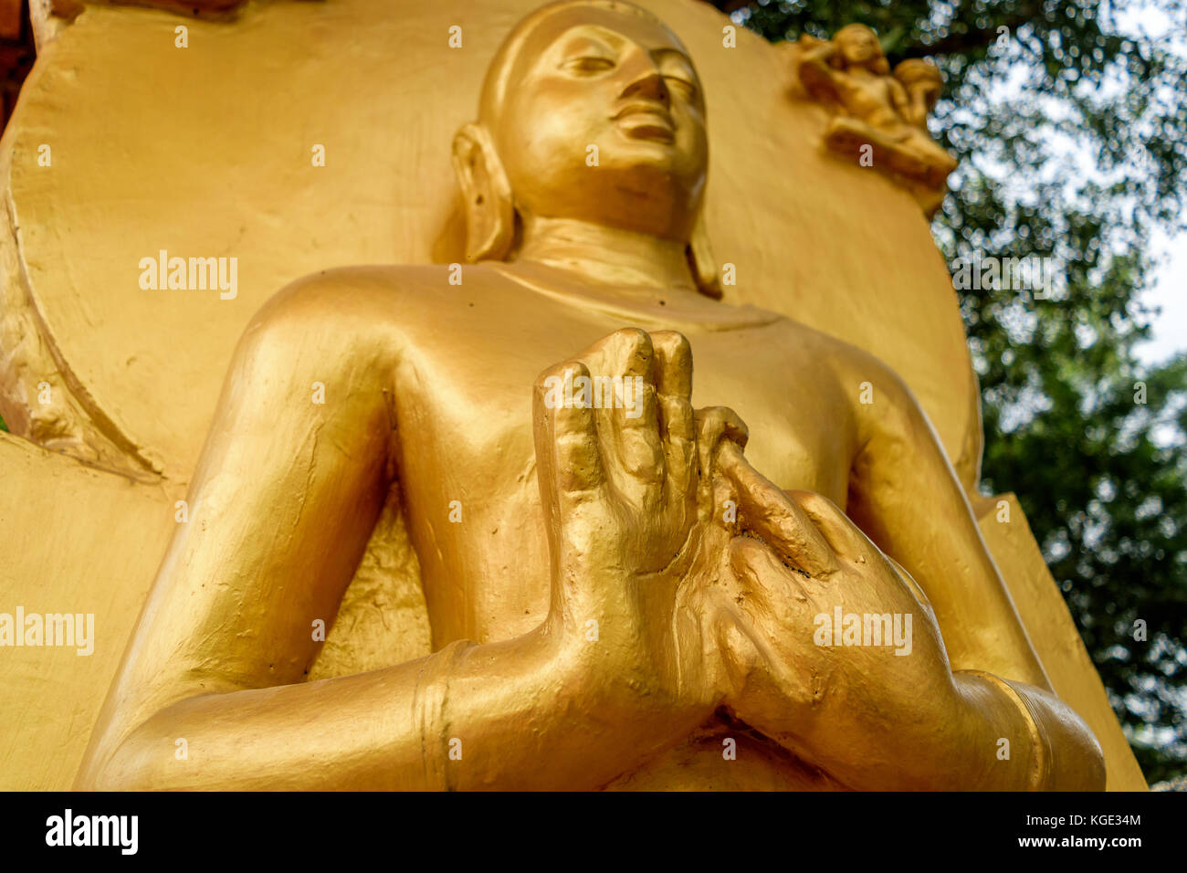 The blessing hand of Lord Buddha with selective focus. Stock Photo