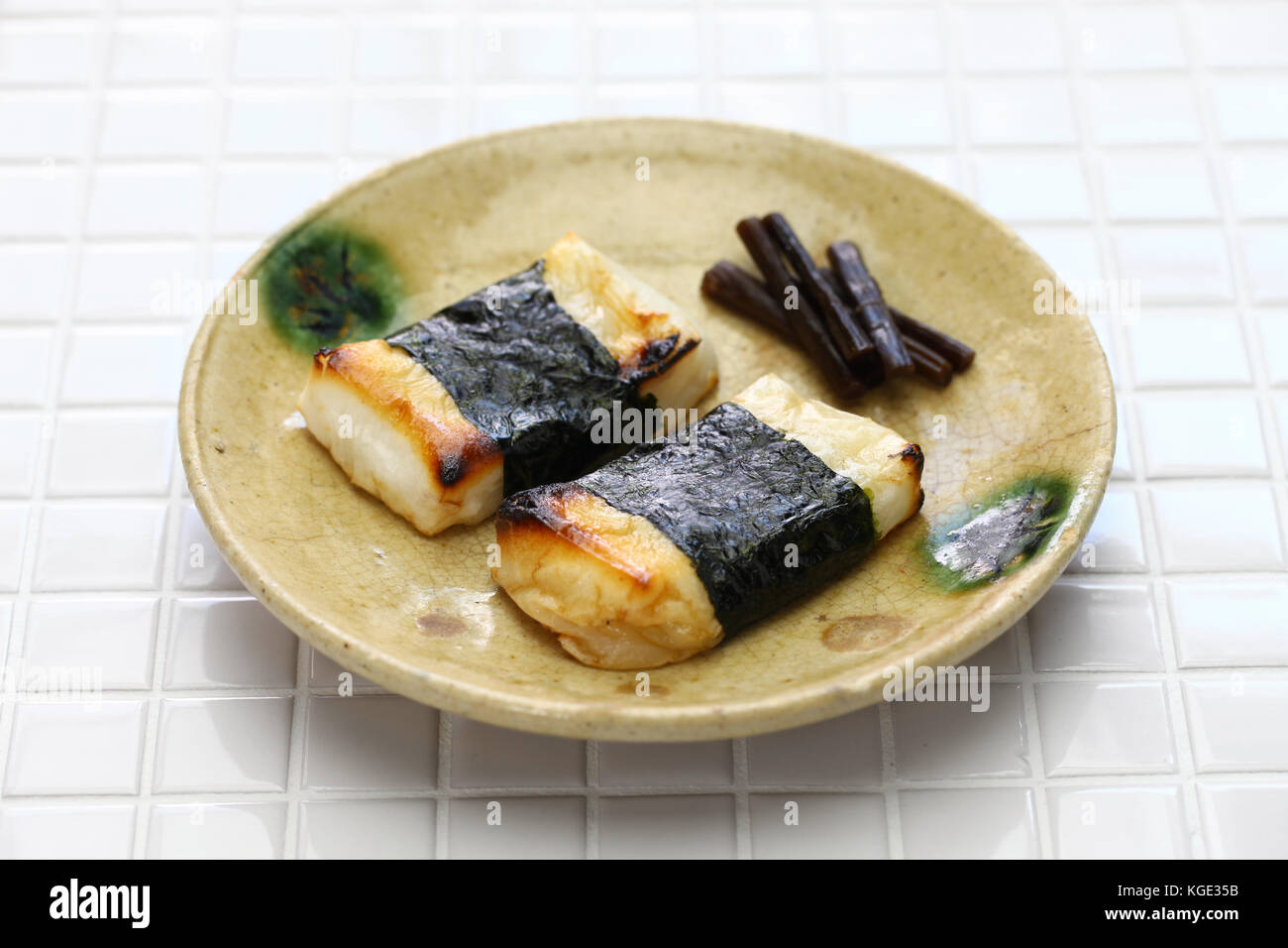 Isobeyaki, grilled mochi (japanese rice cake) wrapped in nori (seaweed