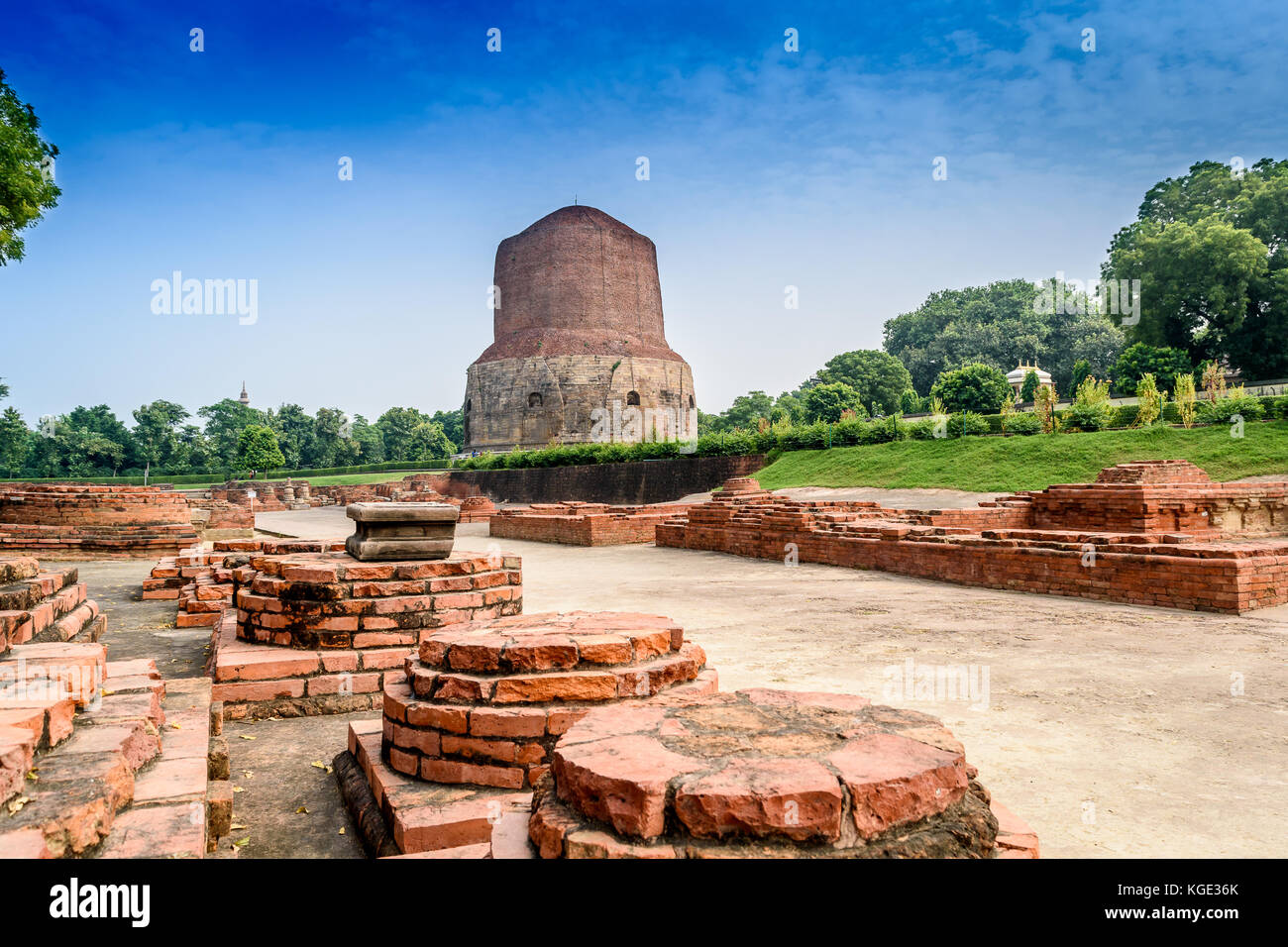 Dhamek Stupa is a massive stupa located at Sarnath, 13 km away from Varanasi in the state of Uttar Pradesh, India. Stupas originated as pre-Buddhist t Stock Photo