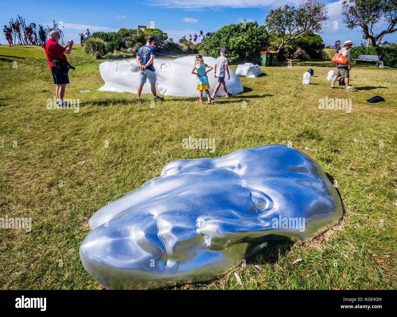 Sculpture by the sea 2017, annual exhibition on the coastal walk between Bondi and Tamara Beach, Sydney, New South Wales, Australia. Sculpture Group t Stock Photo