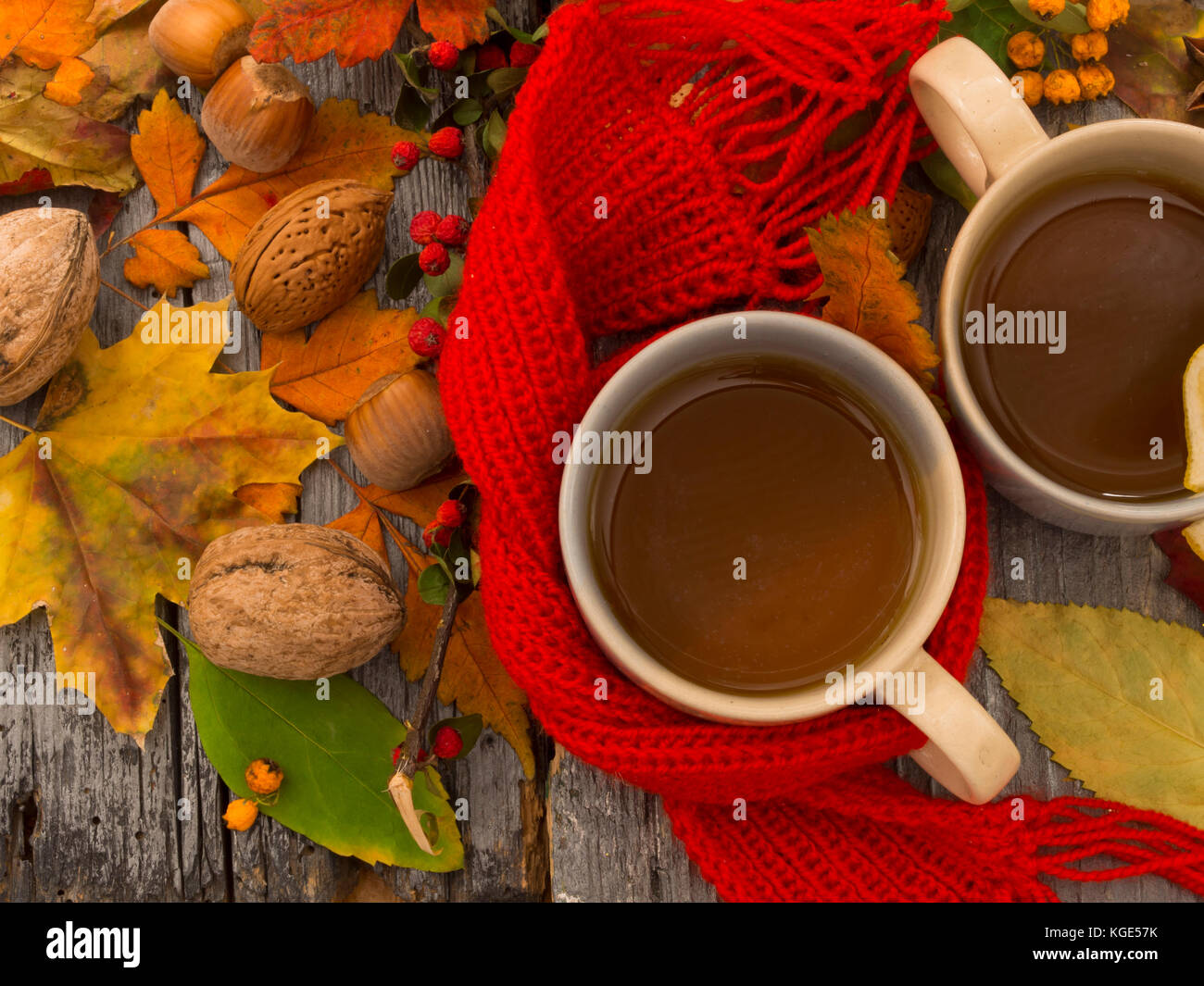 Two Autumn Tea Posts tea for two, fall arrangement Stock Photo - Alamy