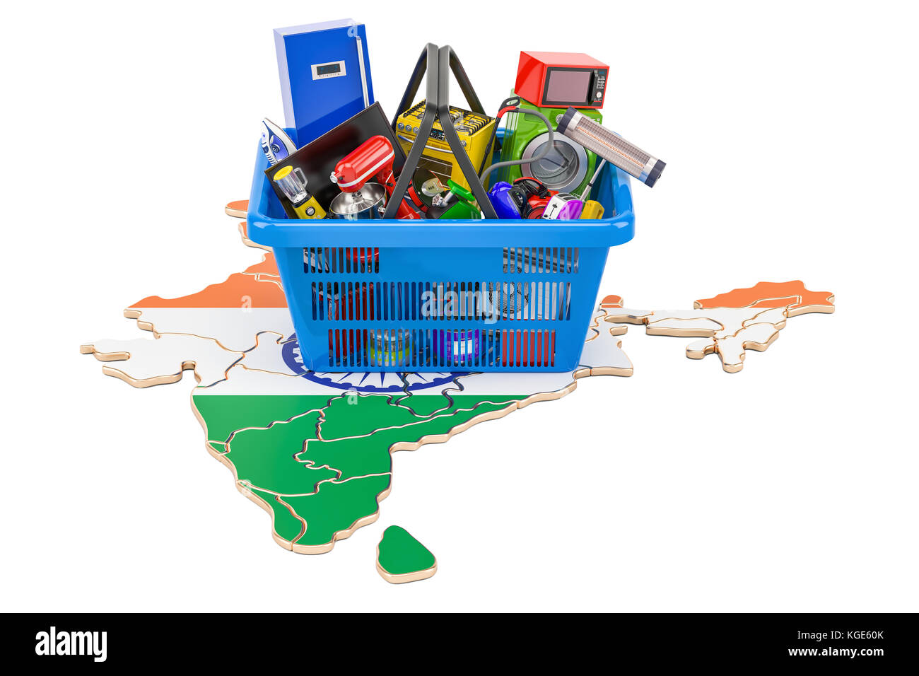 Map of India with shopping basket full of home and kitchen appliances, 3D rendering Stock Photo