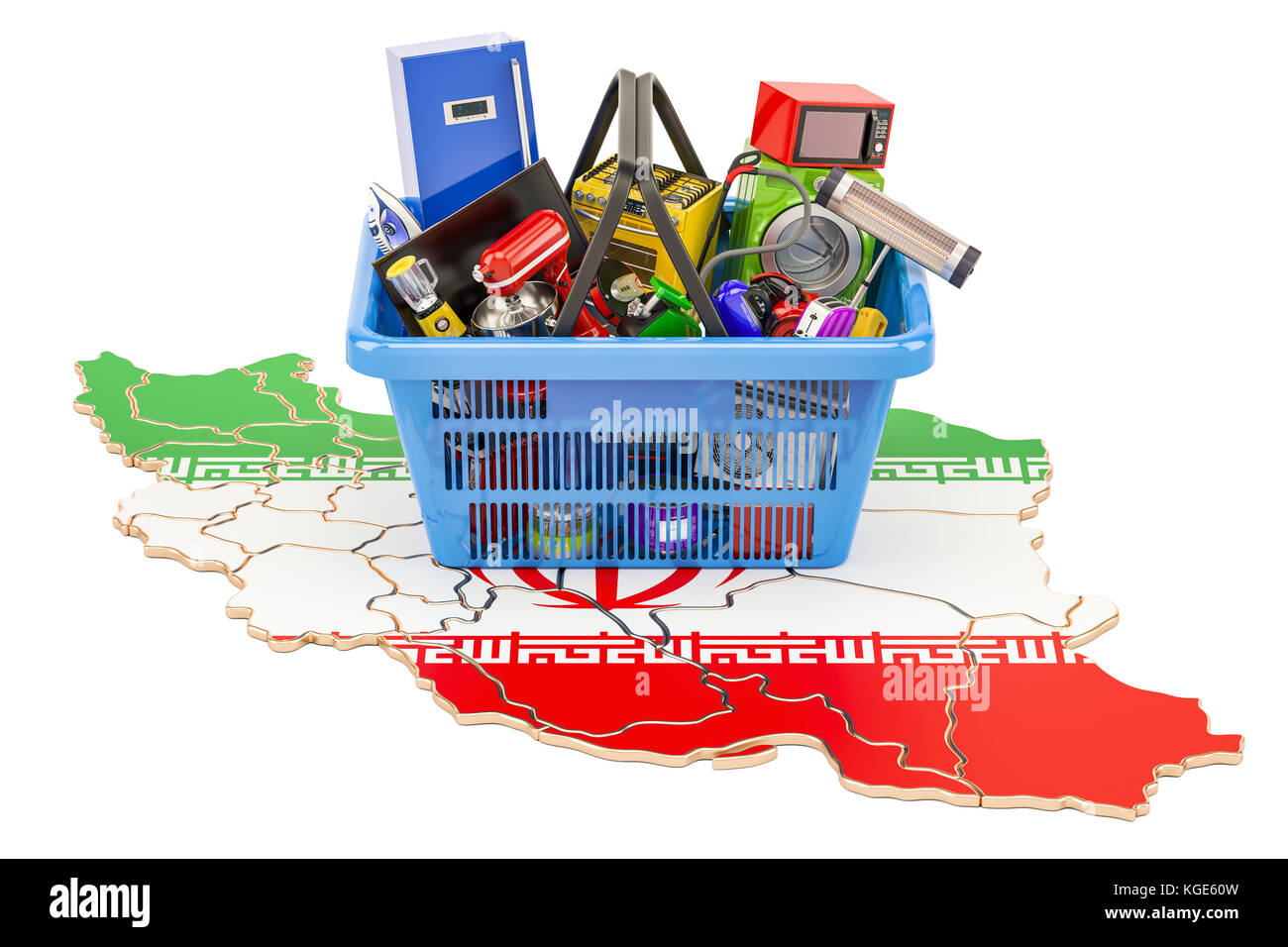 Map of Iran with shopping basket full of home and kitchen appliances, 3D rendering Stock Photo