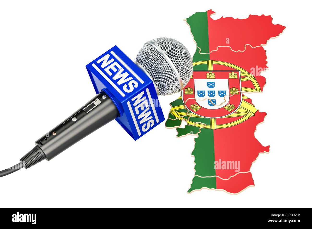 Portuguese News concept, microphone news on the map. 3D rendering Stock Photo