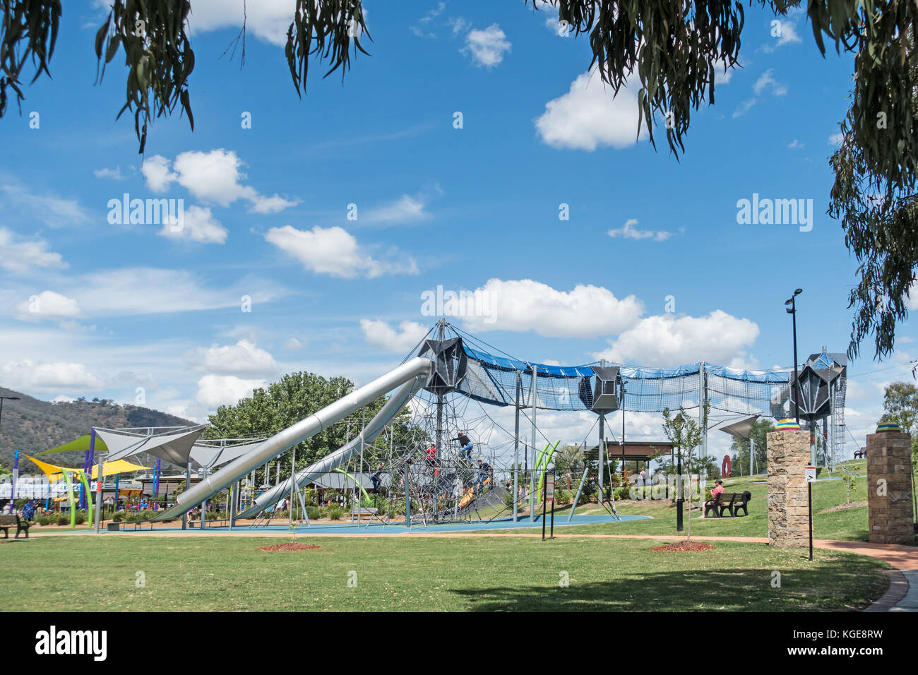 The Skywalk at Tamworth Regional Playground. 9 meters (30 feet)above ground  with a 13 meter (42.5 feet) slide Stock Photo - Alamy