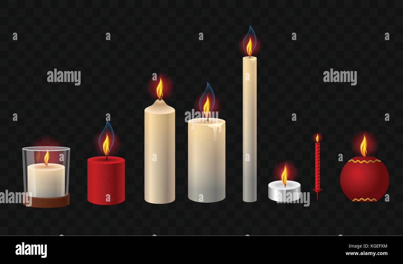 Burning candles realistic vector isolated clip art set of objects