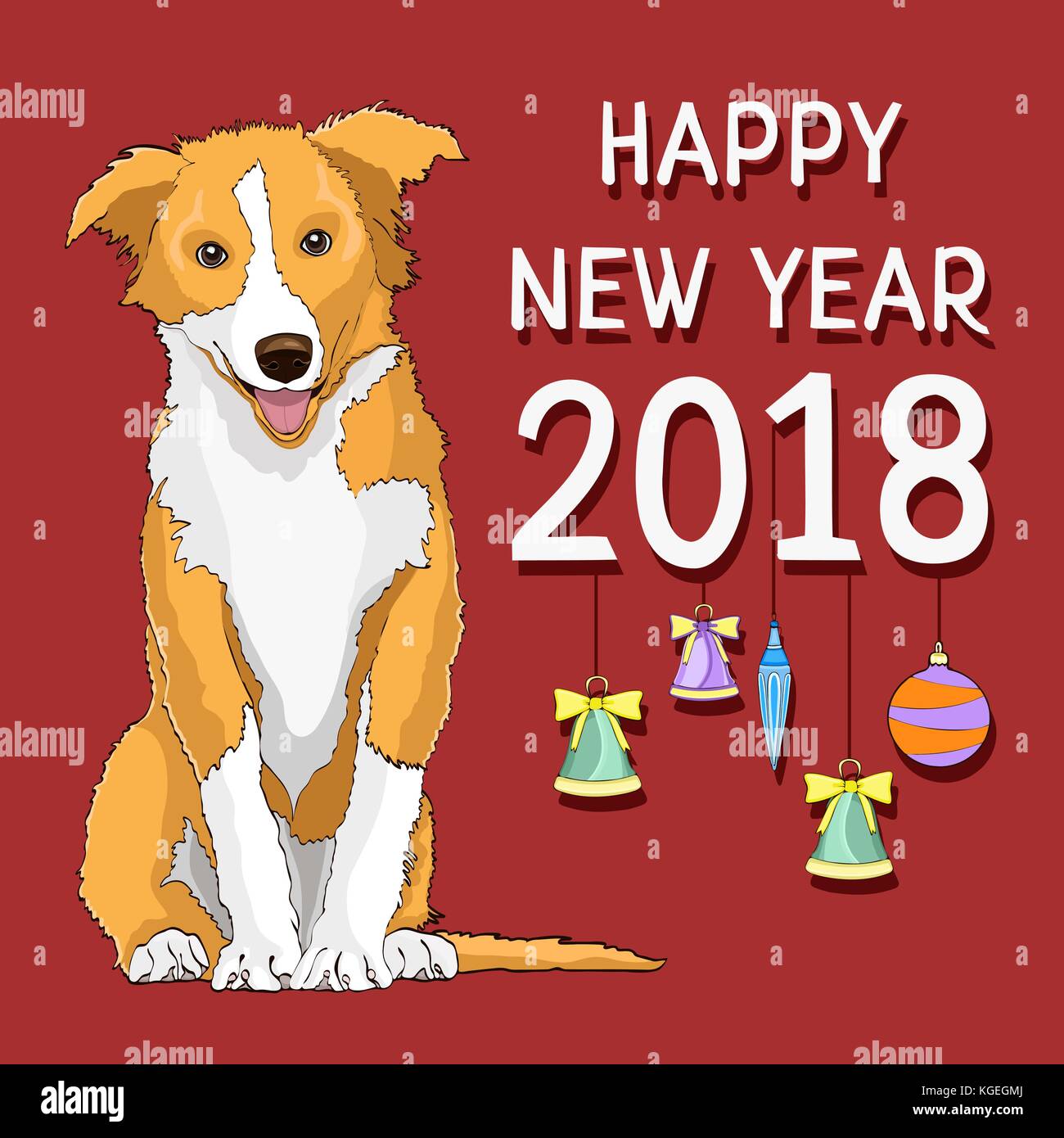 Happy new year, new year card with a drawn yellow dog symbol of the year 2018 and fur-tree toys on a red background. Vector illustration, banner, poster Stock Vector