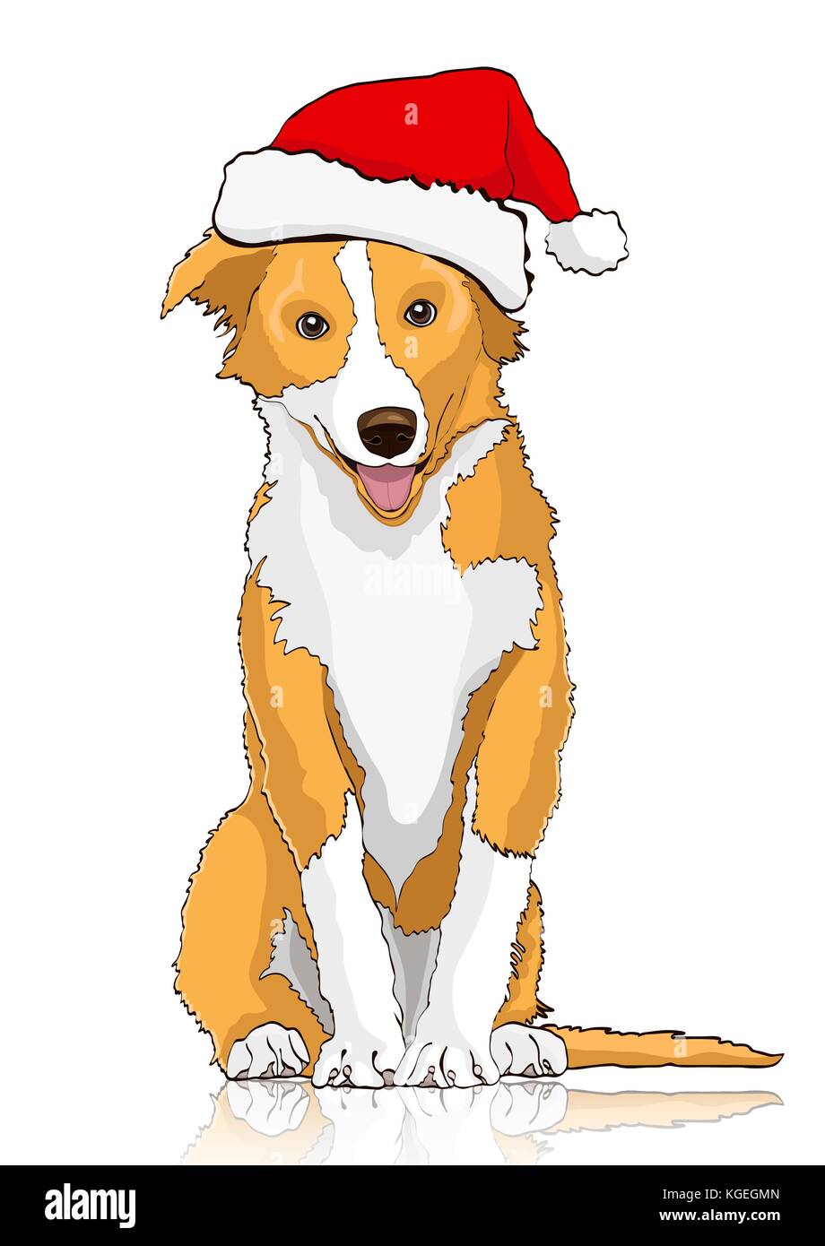 Yellow dog in the Santa Claus hat, symbol of the year 2018, vector drawing. Yellow white cartoon shaggy dog full-length isolated on white background Stock Vector