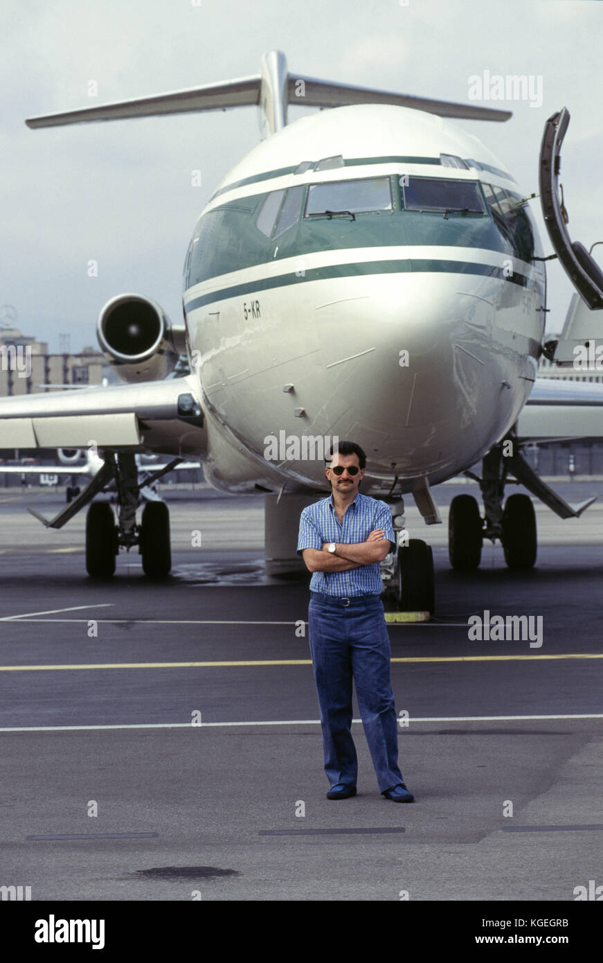 Saudi prince Al-Waleed Bin Talal bin Abdulaziz al Saud, businessman, investor and philanthropist, and member of the Saudi royal family, with his private jets and helicopter at Nice Airport where he summers with his children.  They stay on board his 'Kingdom 5KR', an 85-meter yacht, bought 'Trump Princess' from Donald Trump in the 1980s during his financial problems, who had in turn bought 'Nabila'  from Saudi arms dealer Khashoggi, during which time it appeared as the Flying Saucer in James Bond's 'Never Say Never Again', in Nice, France in 1997.  Al-Waleed was detained November 4th, 2017 in a Stock Photo