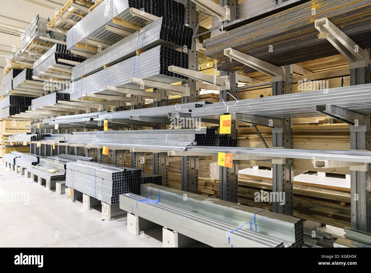 distribution warehouse shelves with metal profiles Stock Photo