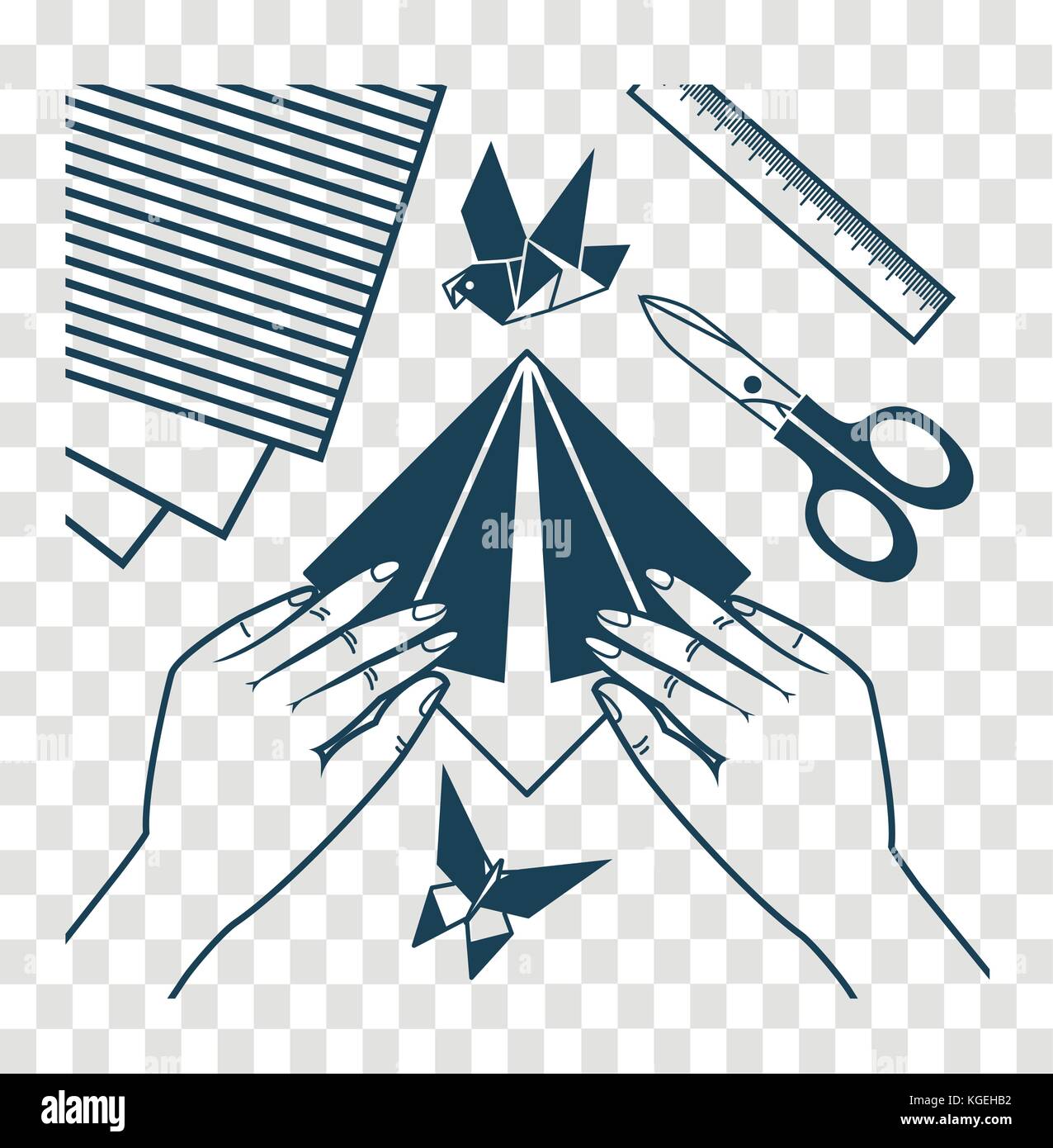 concept of origami lessons, children's creativity in the form of hands bending sheet of paper. Icon, silhouette in linear style Stock Vector