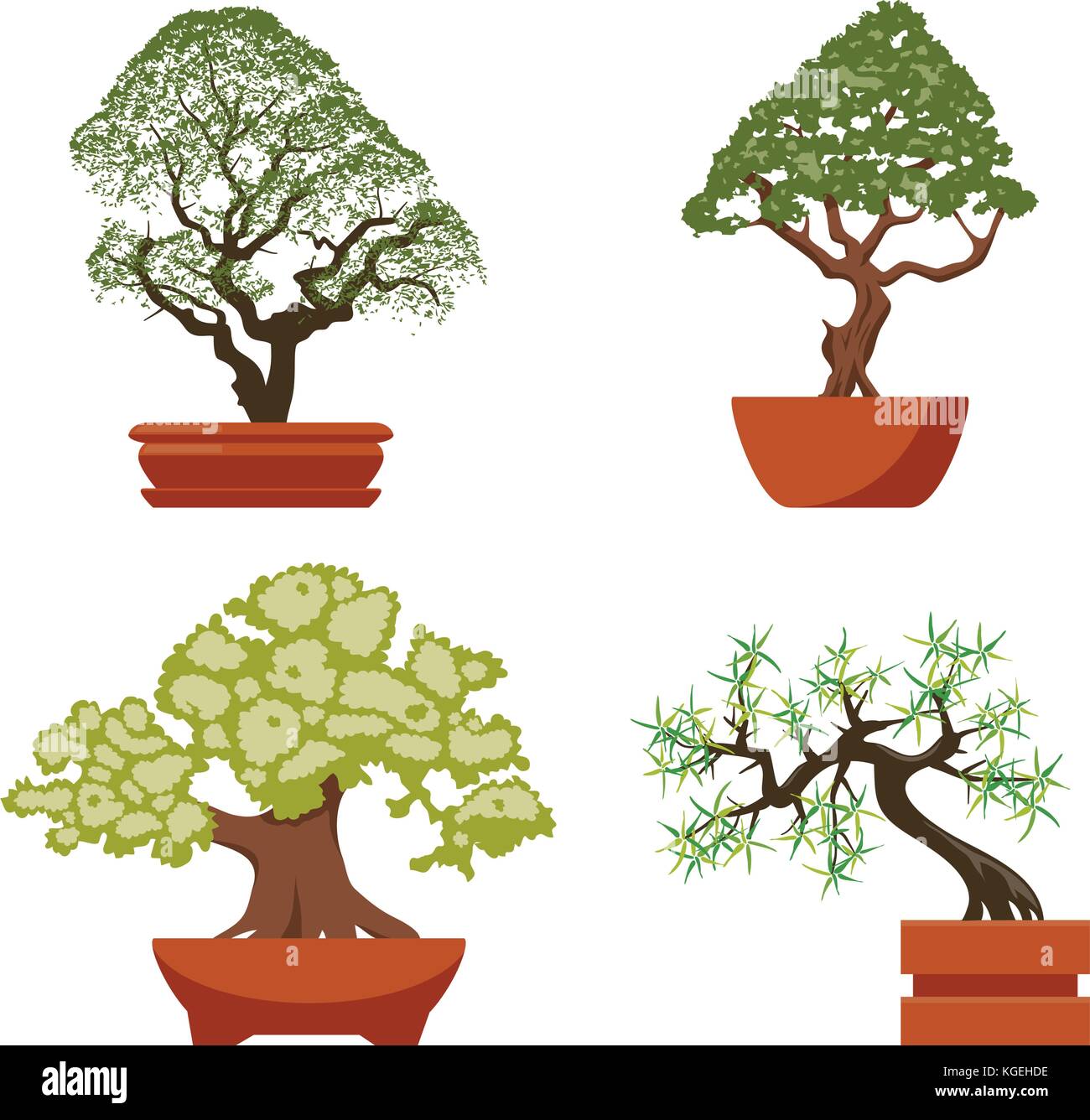 vector set of colorful bonsai trees in pots, isolated on white background. chinese bonsai art symbols, flat design Stock Vector
