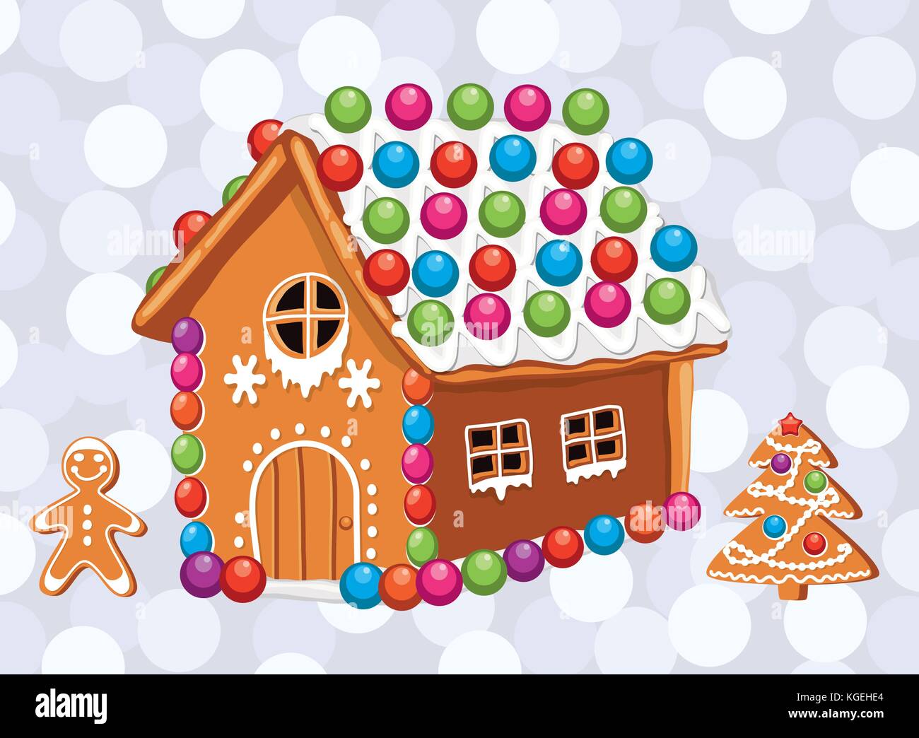 vector xmas card with colorful gingerbread house, gingerbread cookies of man and christmas tree with sugar icing decoration. christmas holiday food ba Stock Vector