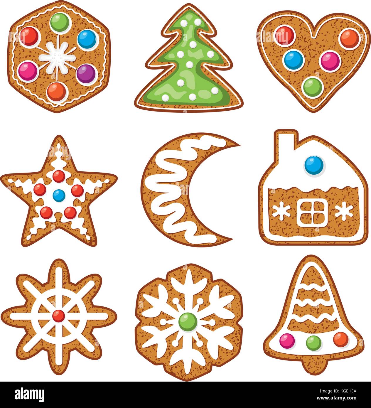 vector set of colorful xmas gingerbread cookies: tree, heart, star, moon, house, flower and bell for christmas holiday food backgrounds. ginger bread  Stock Vector