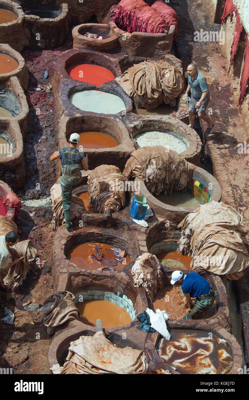 FEZ, MOROCCO - May 7: Local people painting leather at the tannery the ancient way with natural products like saffran, poppy,ceder and indigo at May 7 Stock Photo