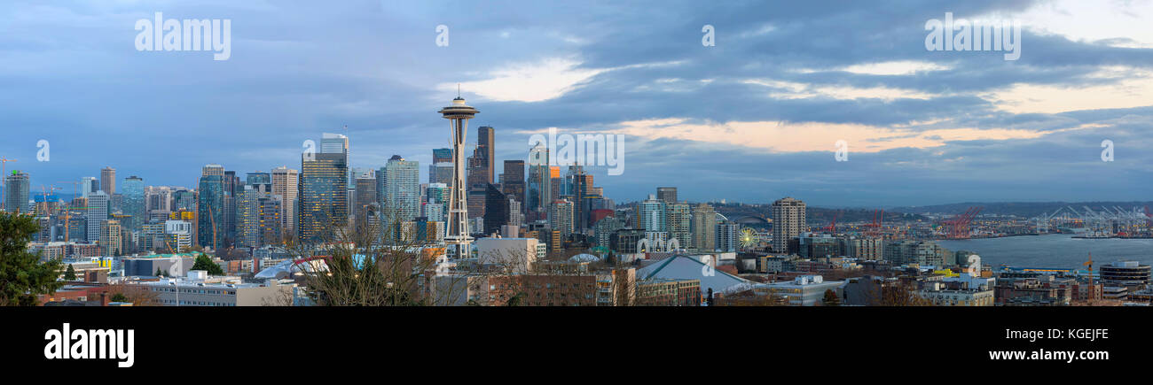 Seattle Washington city downtown skyline during evening blue hour panorama Stock Photo