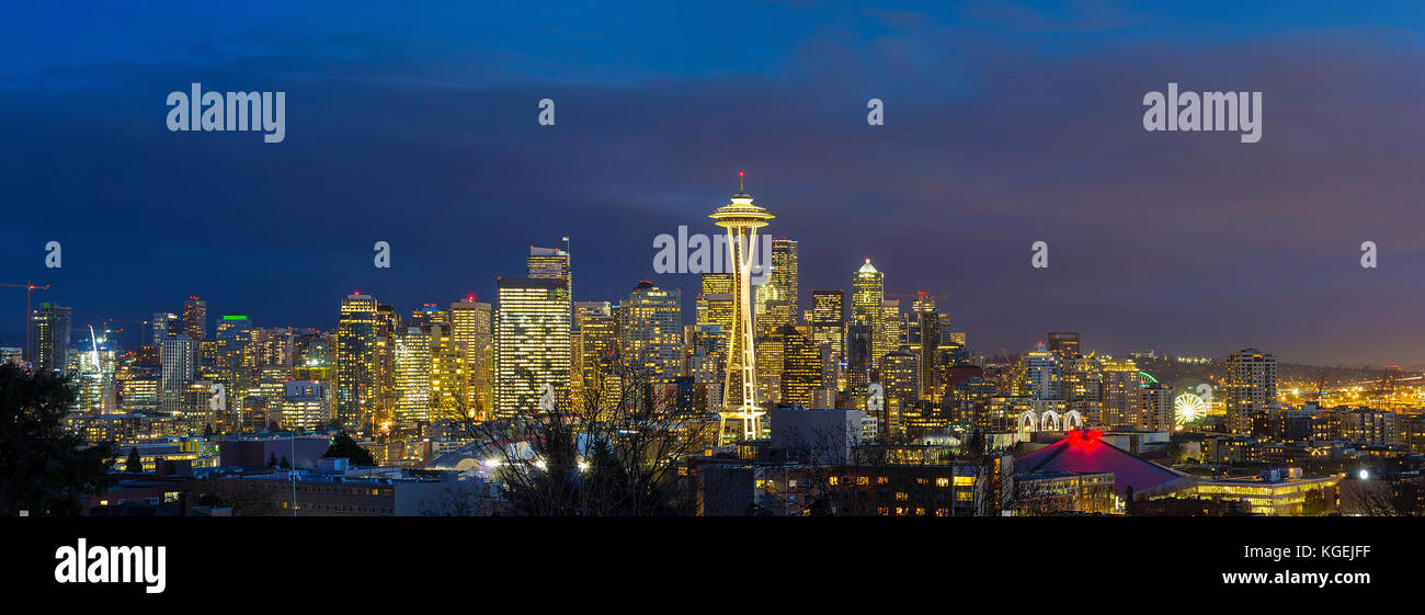 City of Seattle Washington downtown skyline during evening blue hour panorama Stock Photo