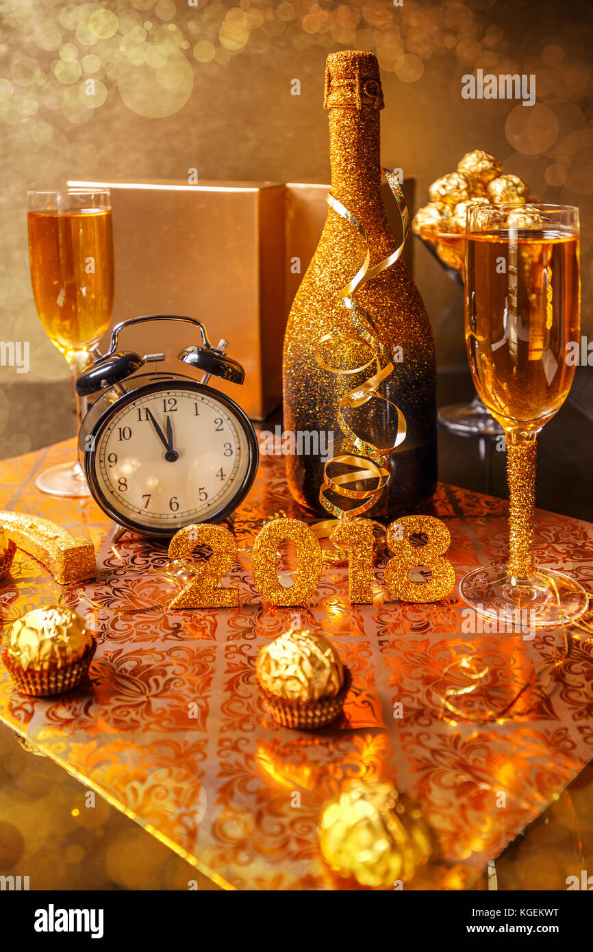 Vintage alarm clock is showing midnight. 2018 New Year concept Stock Photo