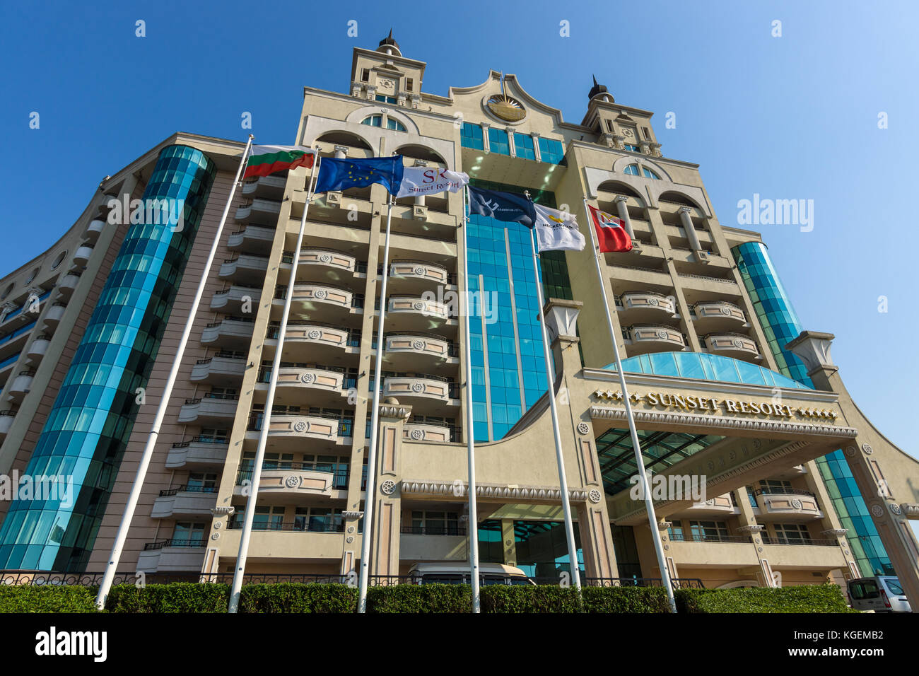 POMORIE, BULGARIA - AUGUST 18, 2017: The multi-storey facade of the modern five-star hotel Seaside Resort. Stock Photo