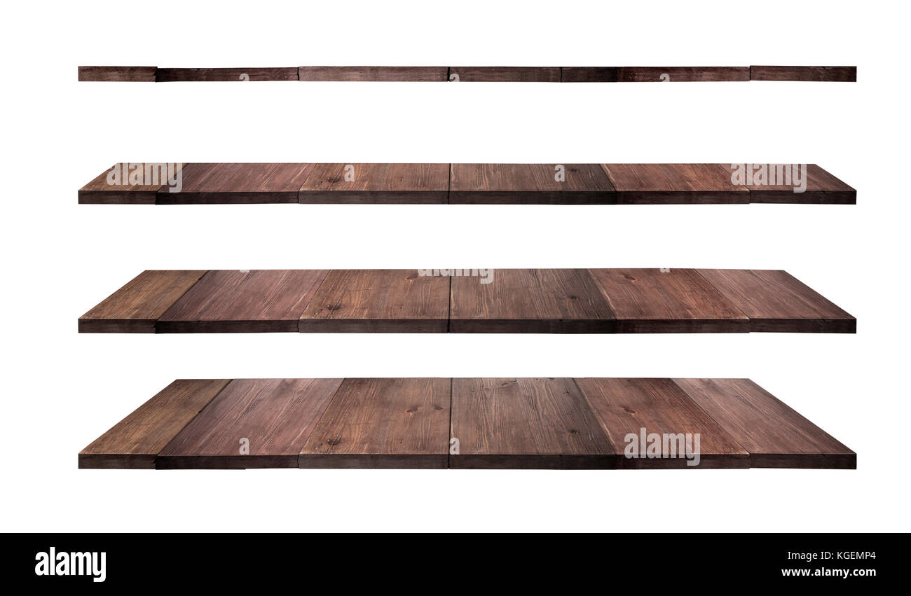 collection of wooden shelves on an isolated white background Stock ...