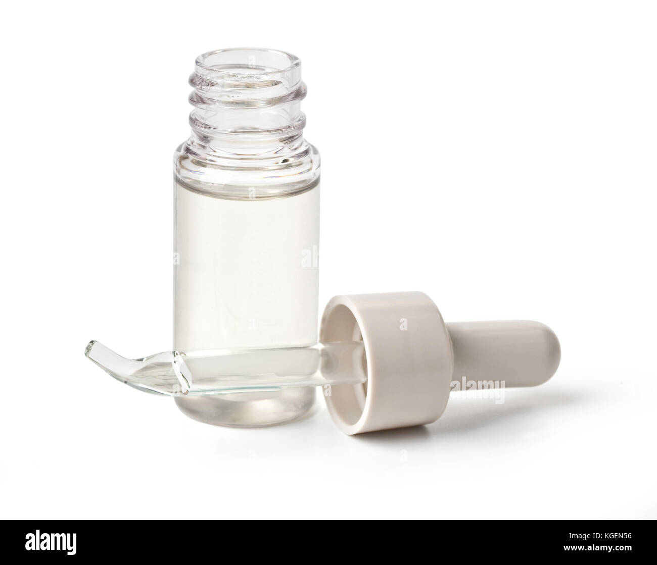 Opened vaping eliquid dropper bottle with drop on pipette isolated on