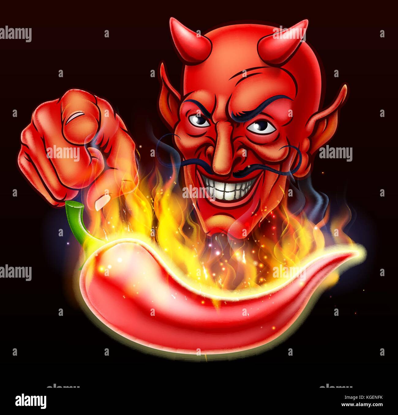 Flaming Hot Pepper and Pointing Devil Stock Vector