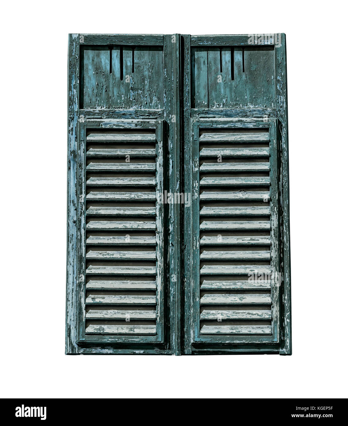 Closed window with old wood shutters on a white background, with ...