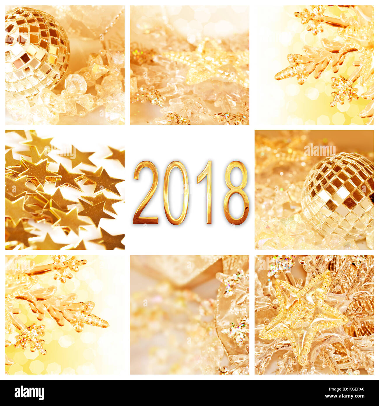 2018, golden christmas ornaments collage square greeting card Stock Photo