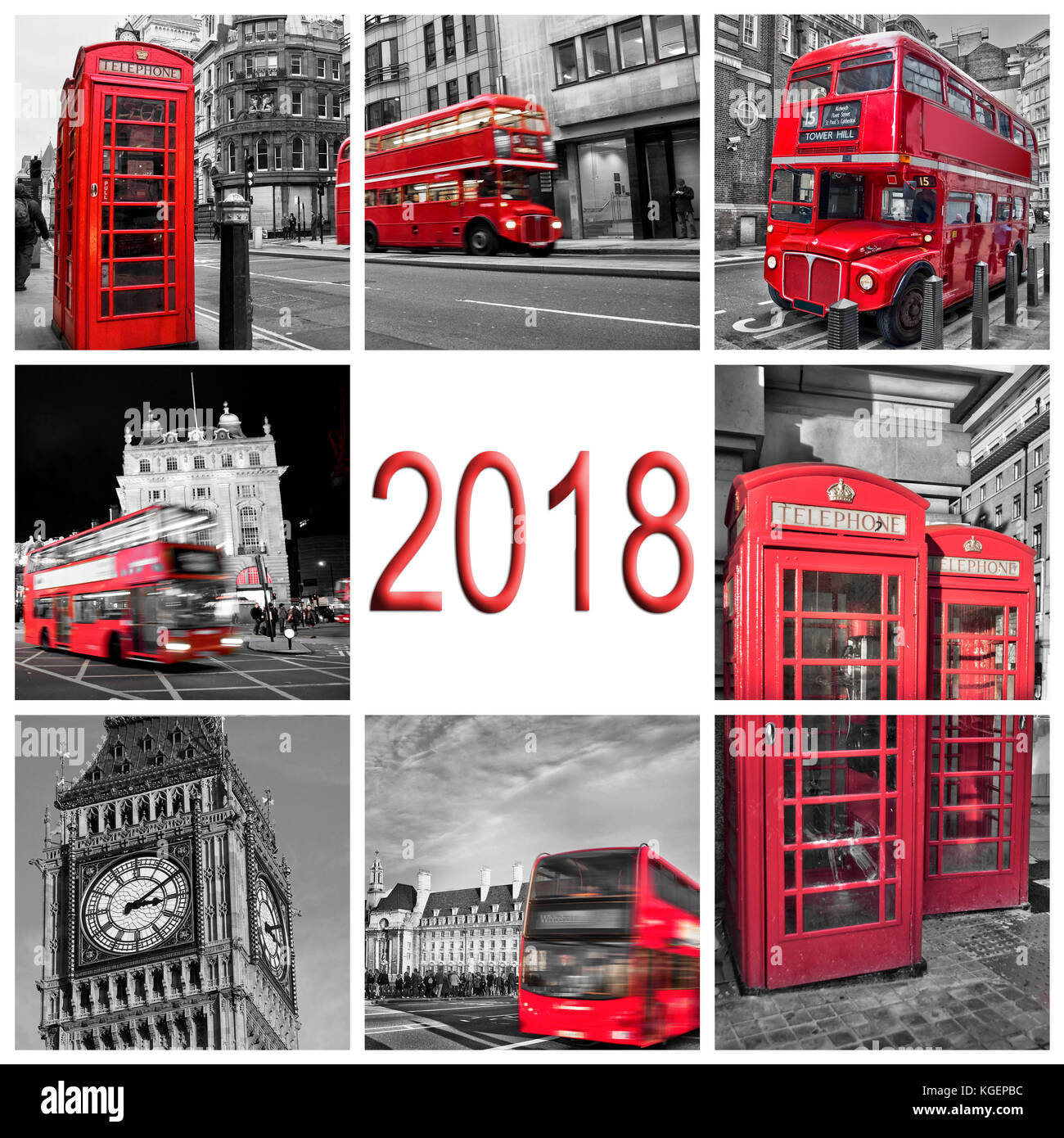 2018, London travel photos collage, black and white and red selective color Stock Photo