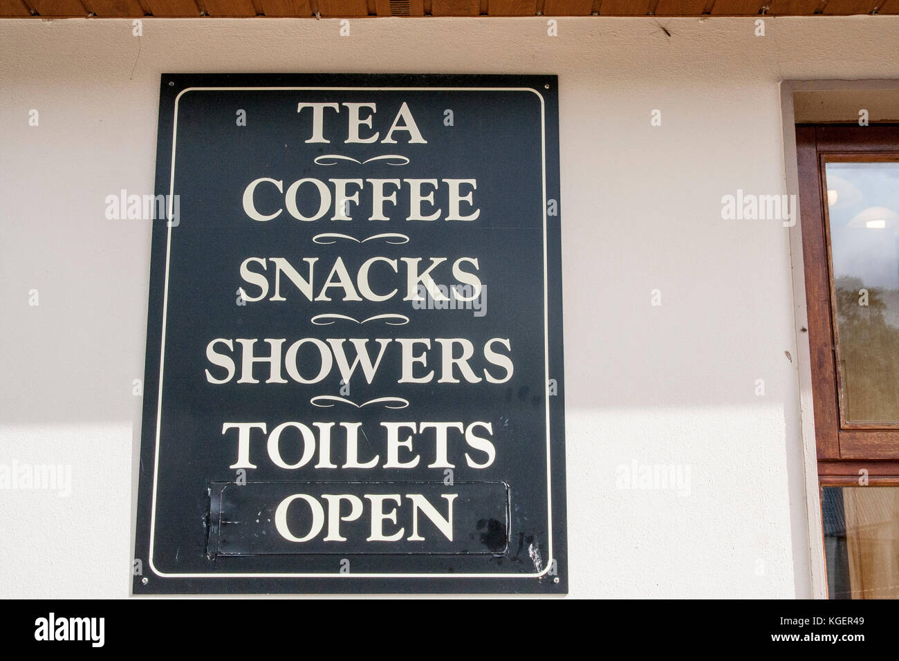 Tea, Coffee, Showers, Toilets, OPEN, camping sign, Kerry Ireland Stock Photo