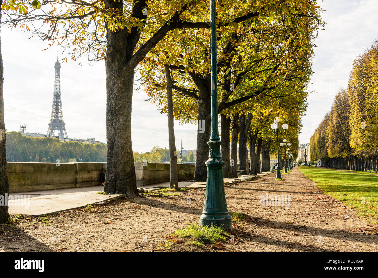 The Eiffel Tower seen between the chestnut trees planted alongside the banks of the river Seine with an old style street light in the foreground. Stock Photo