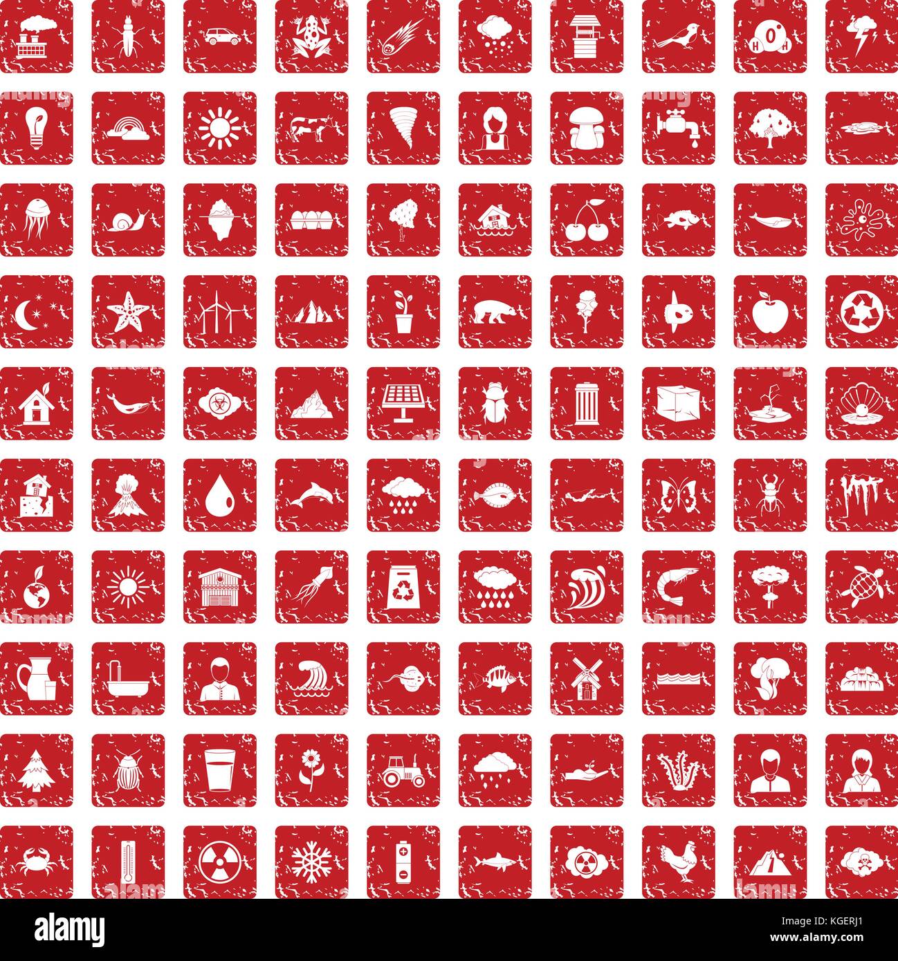 100 earth icons set grunge red Stock Vector