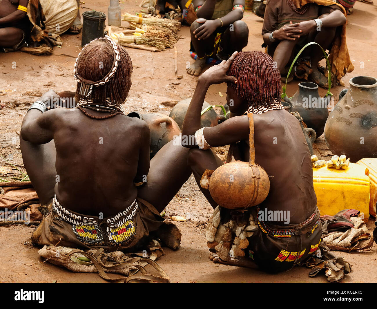 Local Ethiopian people coming back from the market from the Dimeka village in the Omo valley in Ethiopia Stock Photo