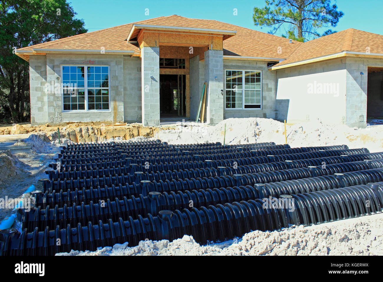 A home under construction in Florida showing the septic system disposal field Stock Photo