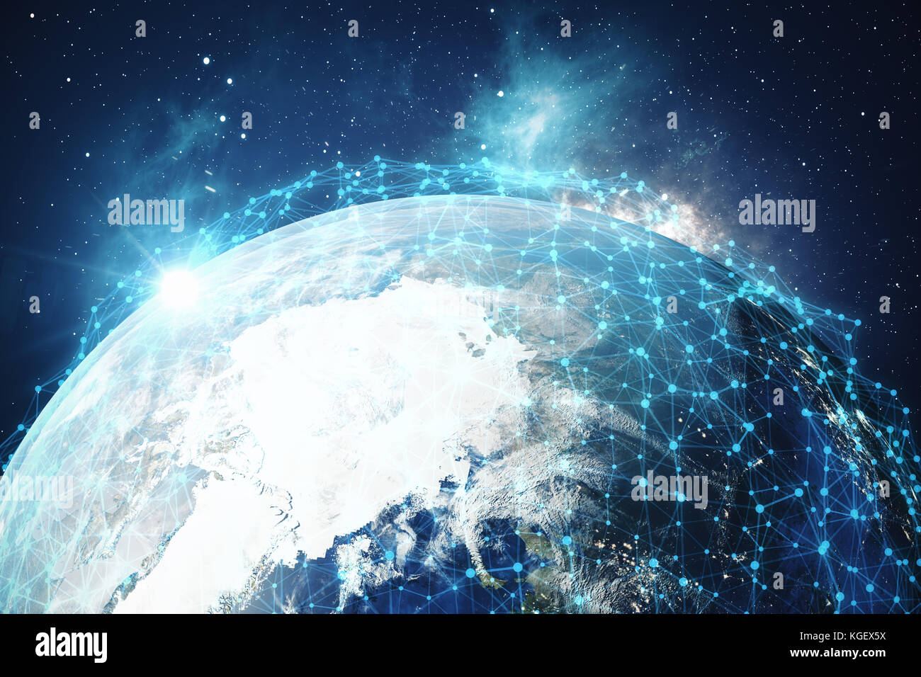 3D Rendering Global Network and Data Exchange. Connection lines Around ...