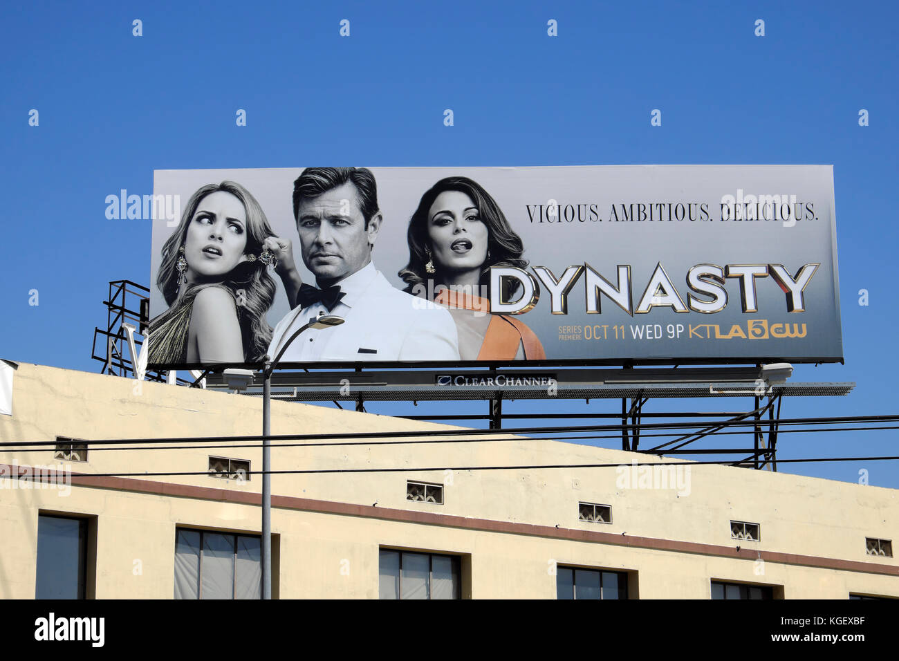 KTLA television virtual channel 5 advertising billboard poster for drama show DYNASTY TV series on Hollywood & Sunset Blvd Los Angeles KATHY DEWITT Stock Photo