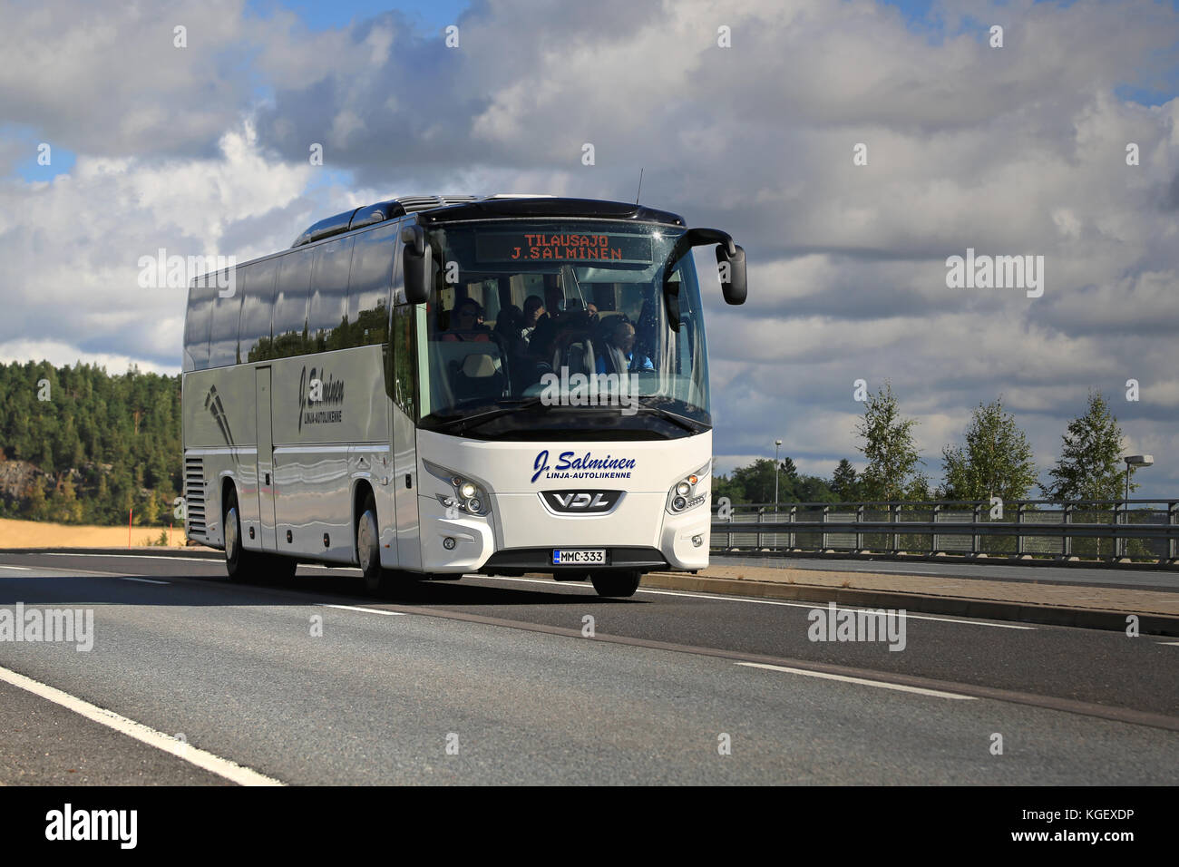 SALO, FINLAND - AUGUST 29, 2015: White VDL Futura coach bus on the road in Salo. The New Futura was introduced in 2010 and won the International Coach Stock Photo