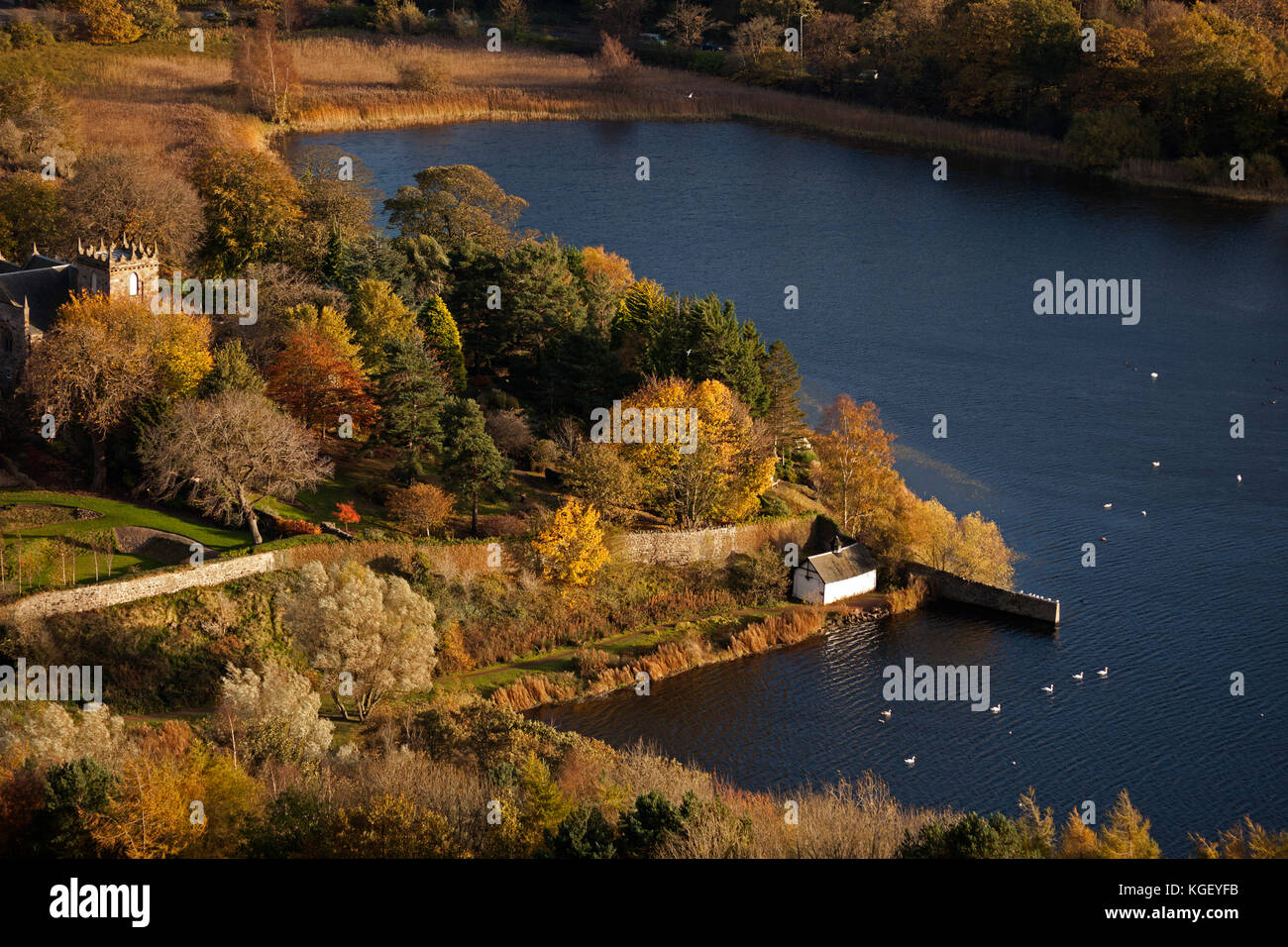 Duddingston Loch with the kirk in autumn season, Edinburgh, Scotland, UK Stock Photo