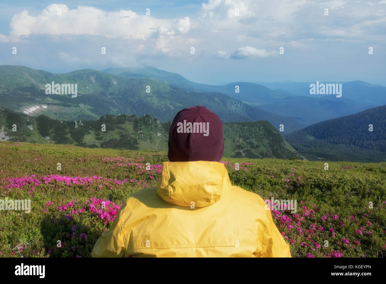 Alone tourist in yellow jacket Stock Photo