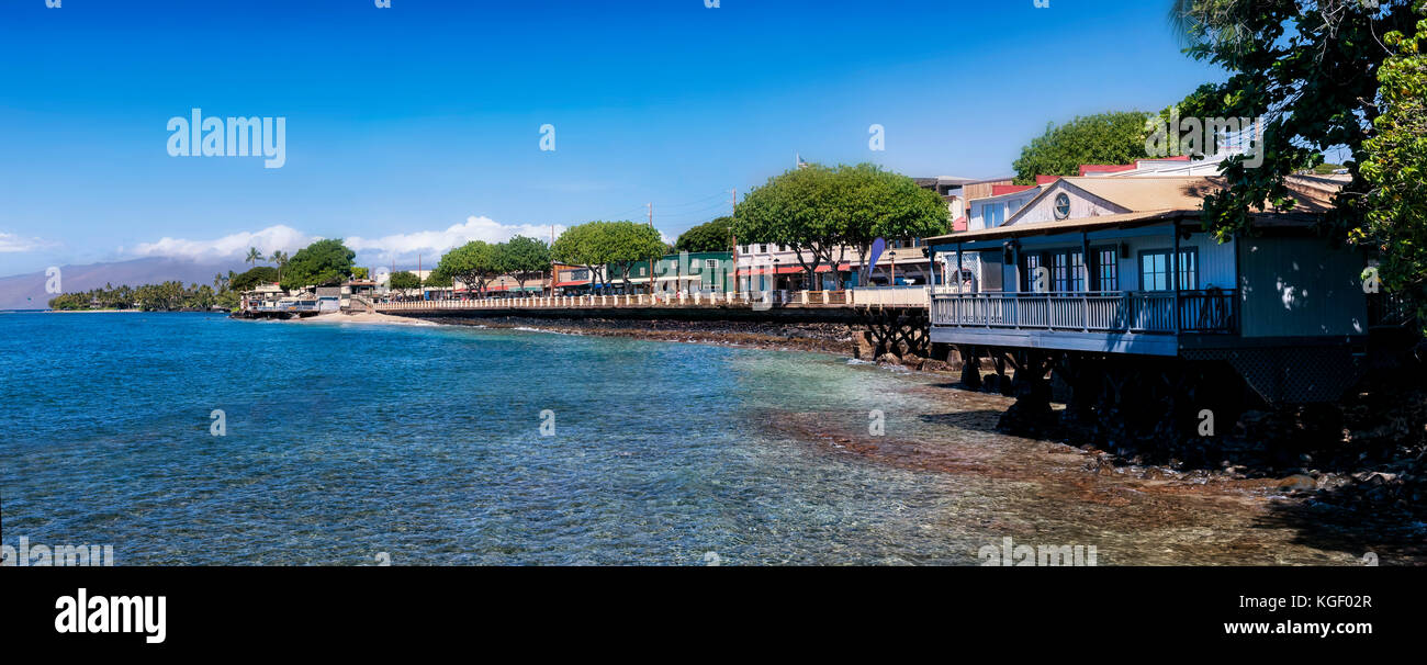 Lahaina's waterfront, located on Maui's West Shore, is lined with shops, restaurants and beautiful view of both Lanai and Molokai Islands. Lahina was  Stock Photo