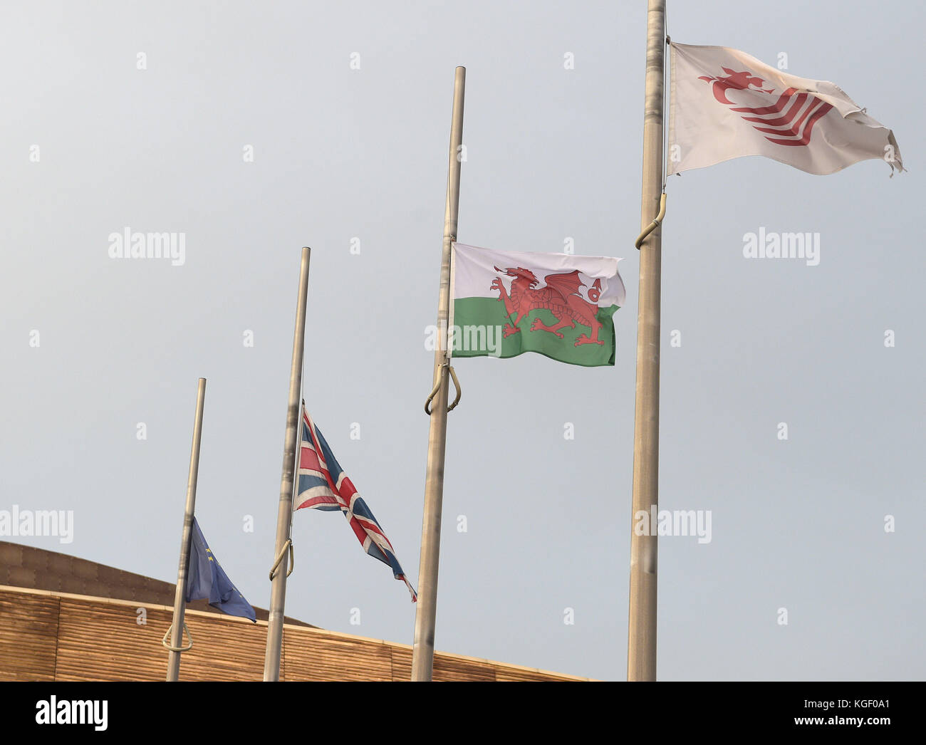 Flags fly at half mast above the Senedd, the National Assembly for