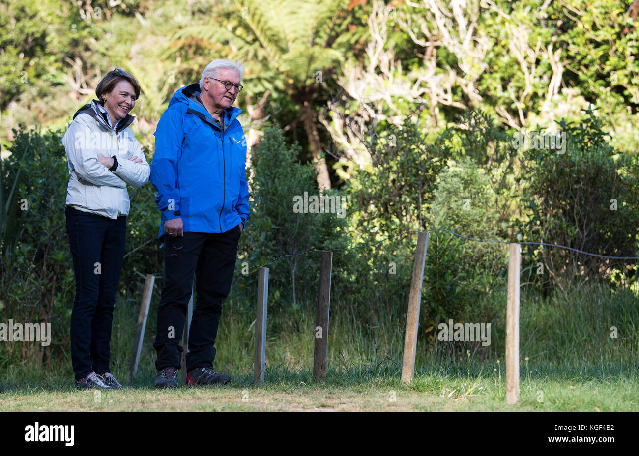 Wellington, New Zealand. 07th Nov, 2017. German President Frank-Walter Steinmeier and his wife Elke Budenbender hiking in the Zealandia wildlife sanctuary in Wellington, New Zealand, 07 November 2017. President Steinmeier and his wife are on a three-day visit to New Zealand after stops in Singapore and Australia. Credit: Bernd von Jutrczenka/dpa/Alamy Live News Stock Photo