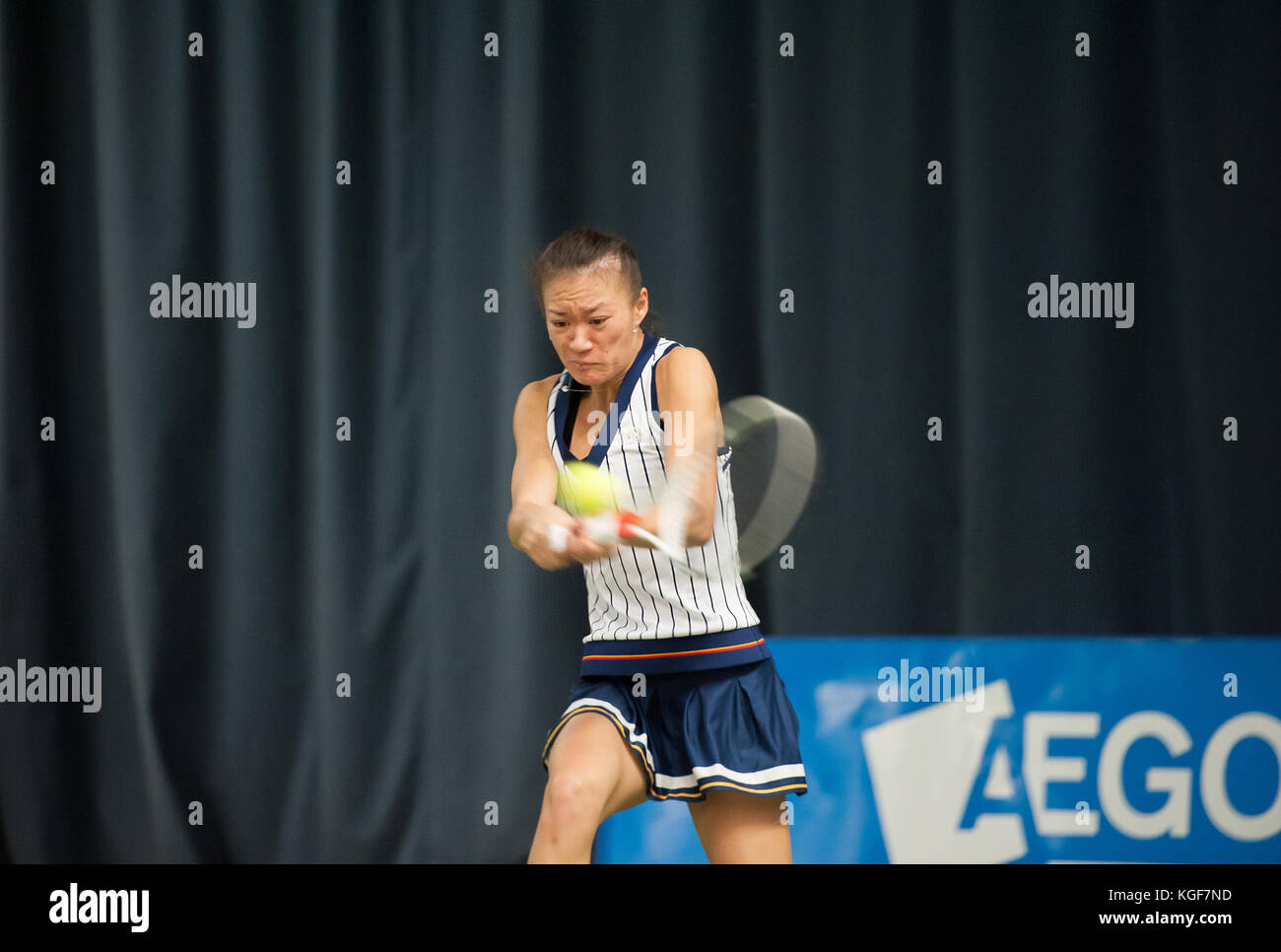 Shrewsbury, Shropshire. 7th Nov, 2017. Shilin XU from Guangdong, China lost her 1st round match, from the Aegon GB Pro-Series $25K Women's Tennis from the Shrewsbury Club, Shrewsbury, Shropshire, UK against the top seed Lesley KERKHOVE from Goes, Netherlands 7-5, 6-4 Credit: RICHARD DAWSON/Alamy Live News Stock Photo