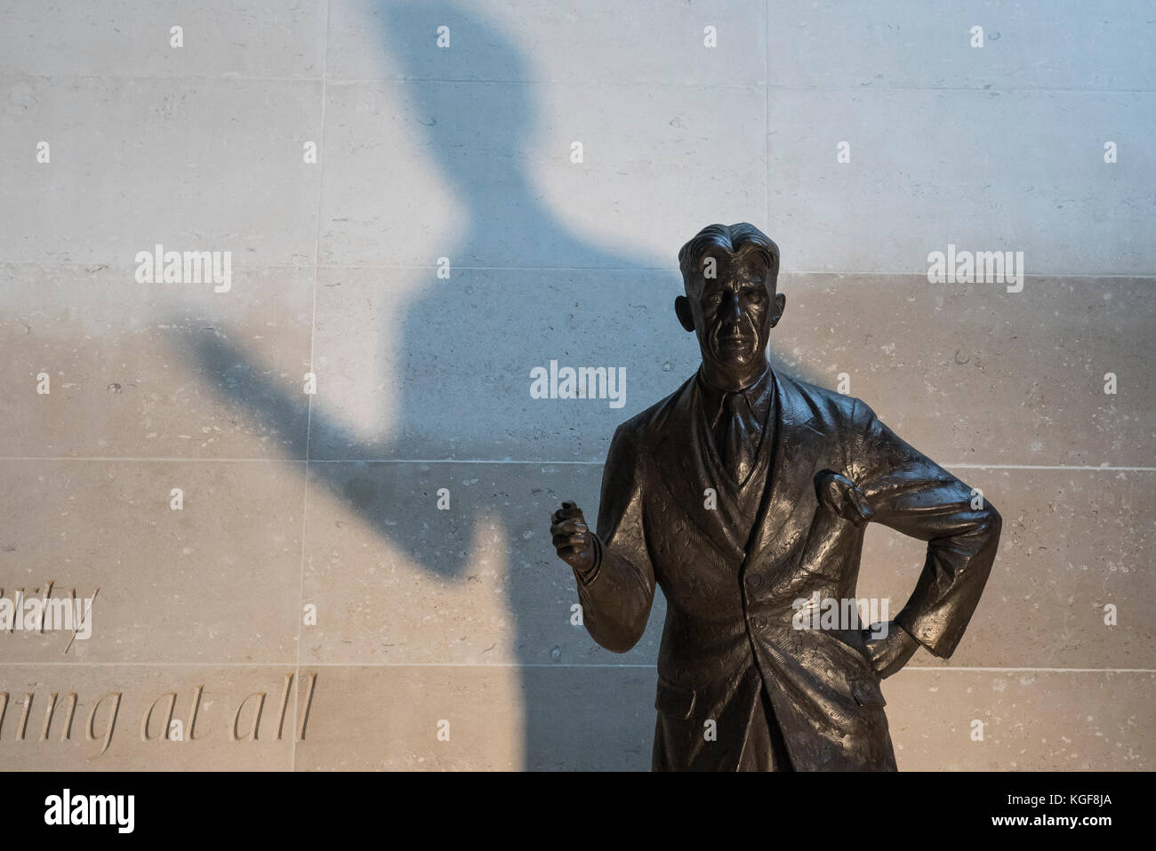 London, UK.  7 November 2017.  A statue of author George Orwell is unveiled outside the BBC headquarters in Portland Place.  Accompanying the statue is an inscription which reads 'If liberty means anything at all it means the right to tell people what they do not want to hear'.  Credit: Stephen Chung / Alamy Live News Stock Photo