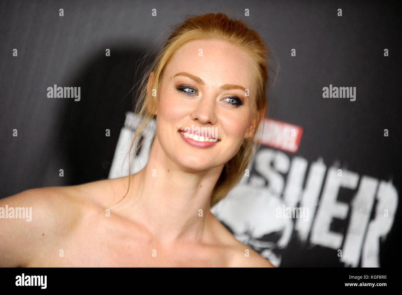 Deborah Ann Woll attends the Netfilx TV serious premiere of 'The Punisher' at AMC Loews on November 6, 2017 in New York City. Stock Photo