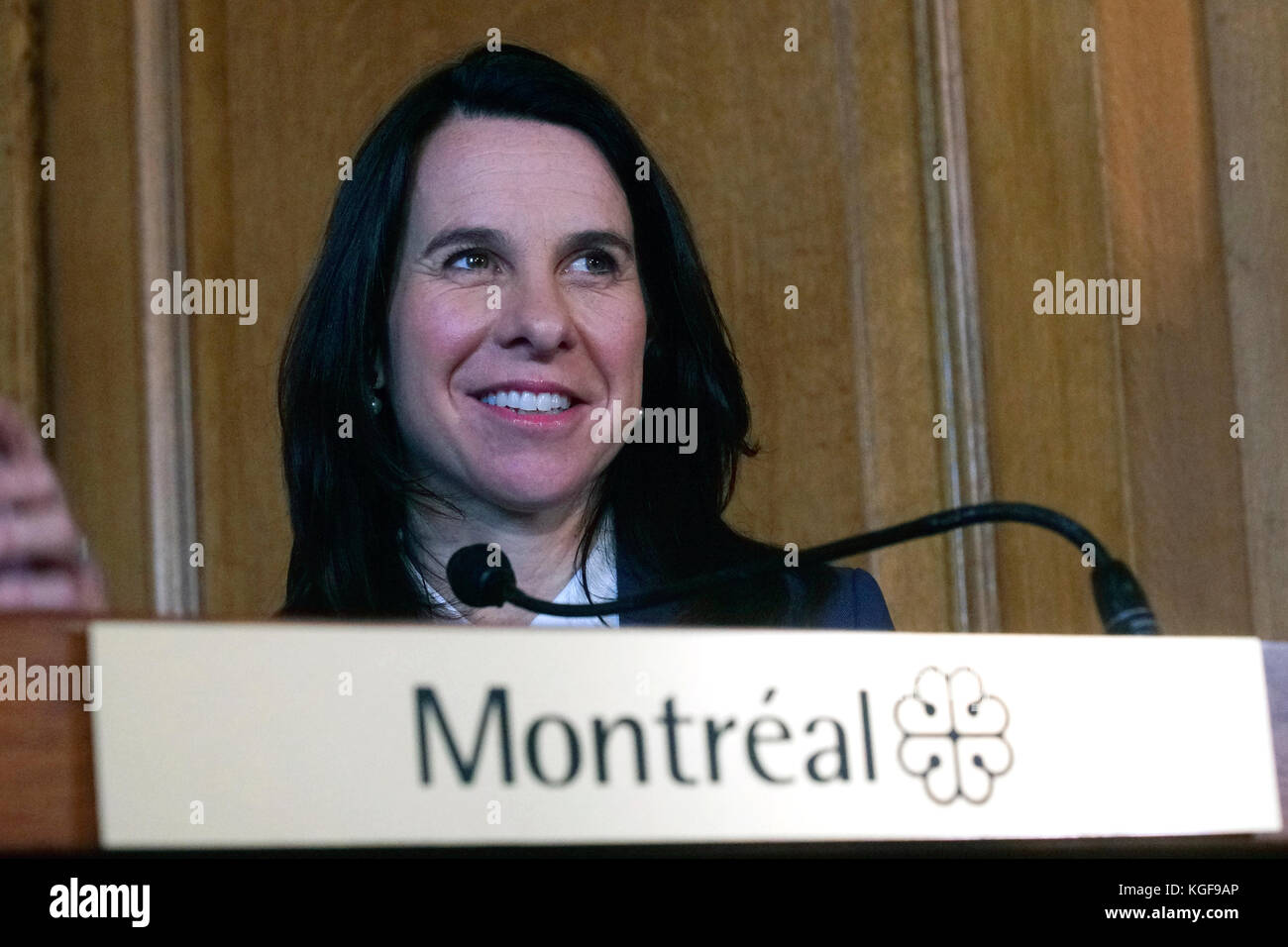 Montreal, Canada. 7th Nov, 2017. Montreal's first female mayor Valerie Plante at a press conference at city hall.Credit:Mario Beauregard/Alamy Live News Stock Photo