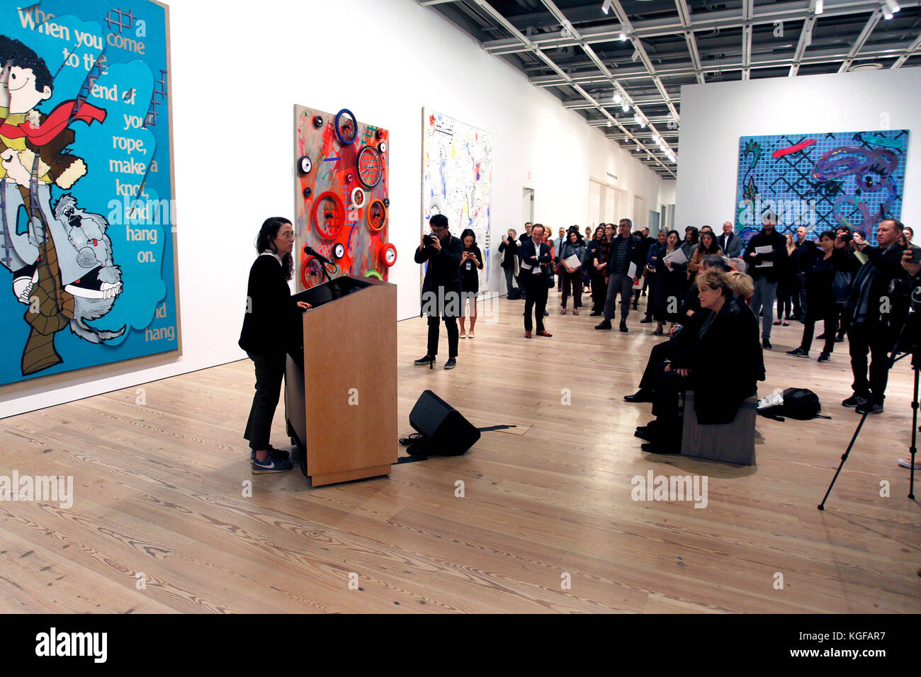 New York, United States. 07th Nov, 2017. American artist Laura Owens addresses members of the press during a preview at the Whitney Museum in New York City on Tuesday, November 7, 2017. The museum is presenting a mid career survey of the artist's work. Credit: Adam Stoltman/Alamy Live News Stock Photo
