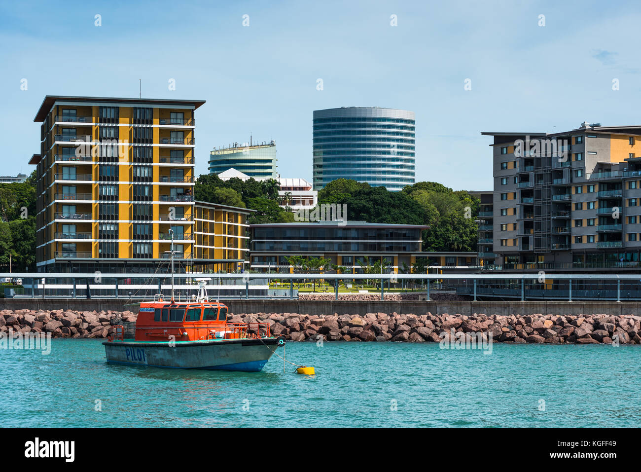 Darwin city skyline seen from Stokes Hill Wharf Terminal, Northern territory, Australia. Stock Photo