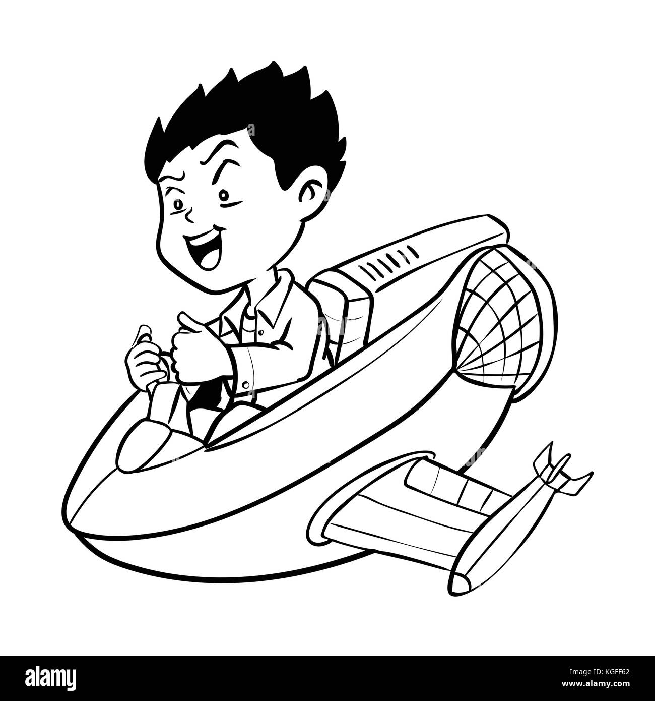 Hand drawn Boy drive aircraft, Cartoon with Victory sign, Isolated on white background. Black and White simple line Vector Illustration for Coloring B Stock Vector